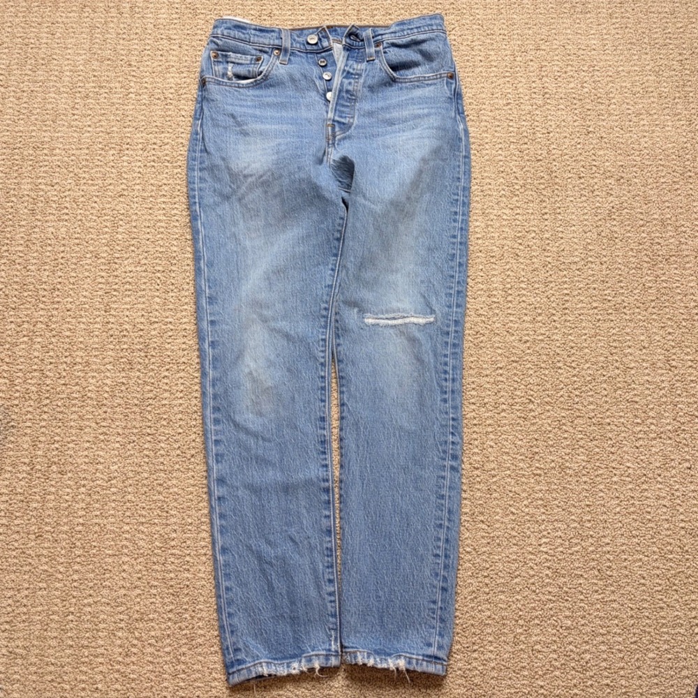 Levis 501 Original Fit High Rise Straight Leg Blue Distressed Jeans - Picture 3 of 11
